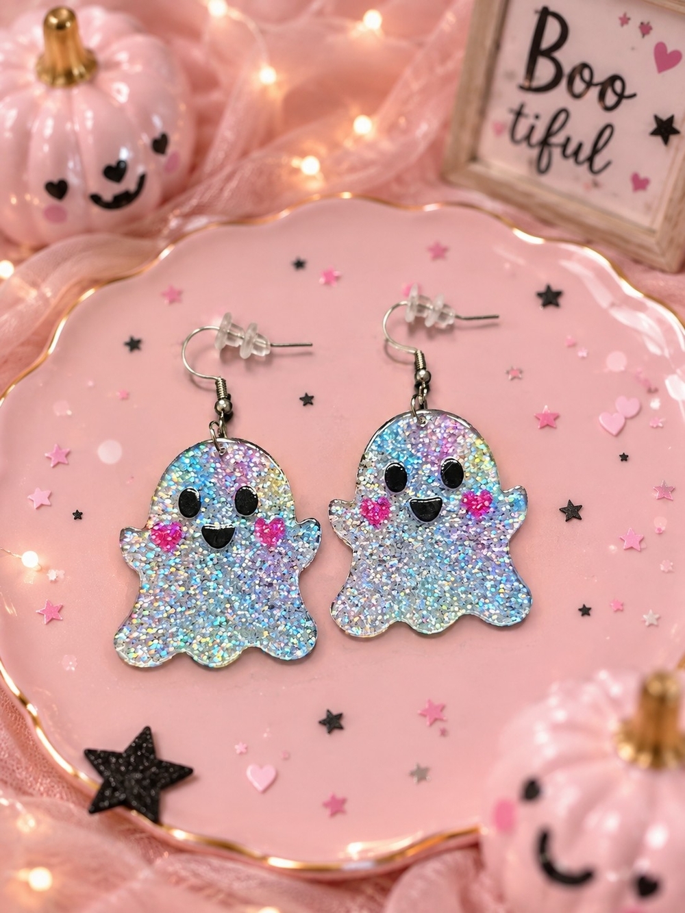 Glitter Ghost Dangle Earrings - Iridescent Pink Cheek Accents